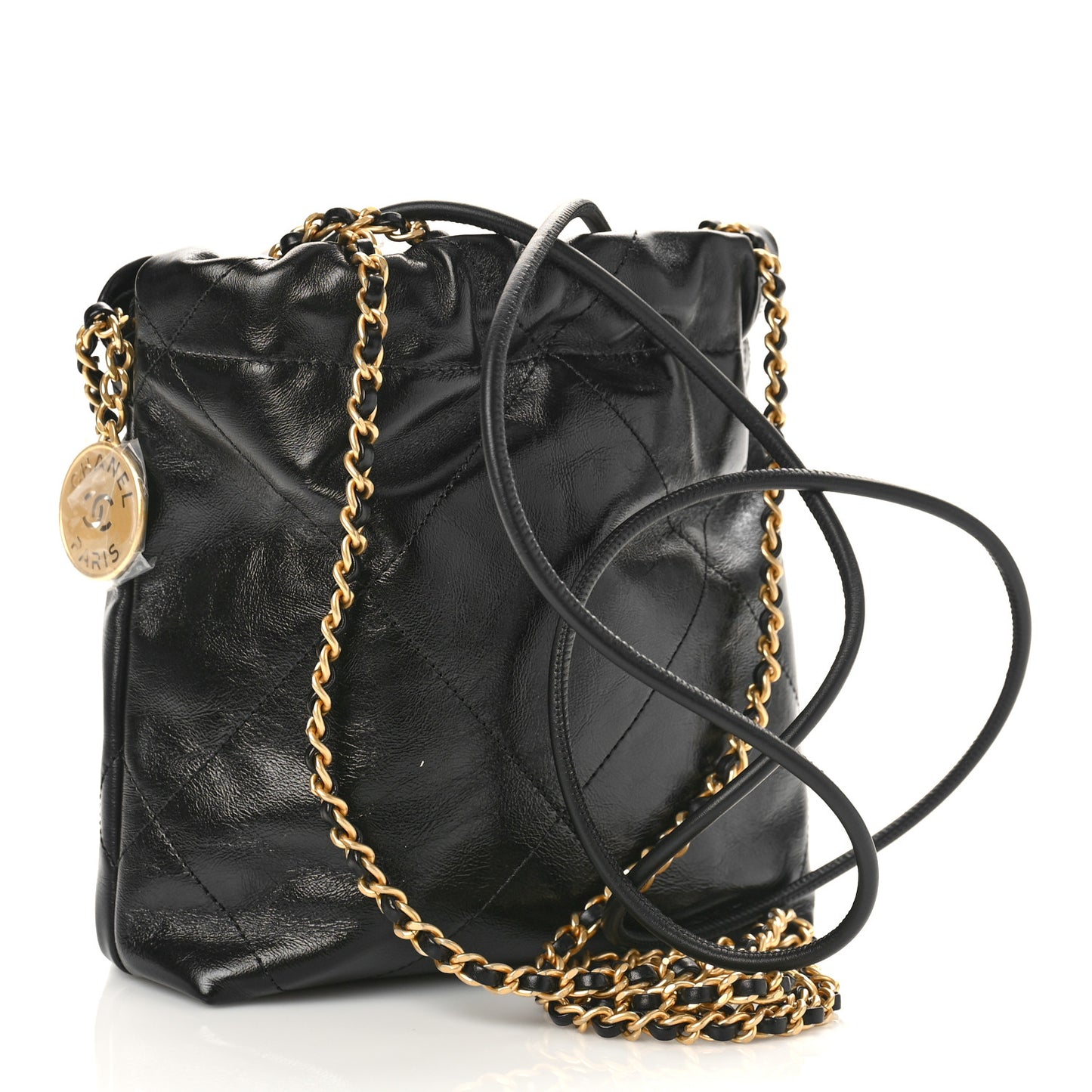 Shiny Crumpled Calfskin Quilted Pearl Mini Chanel 22 Black