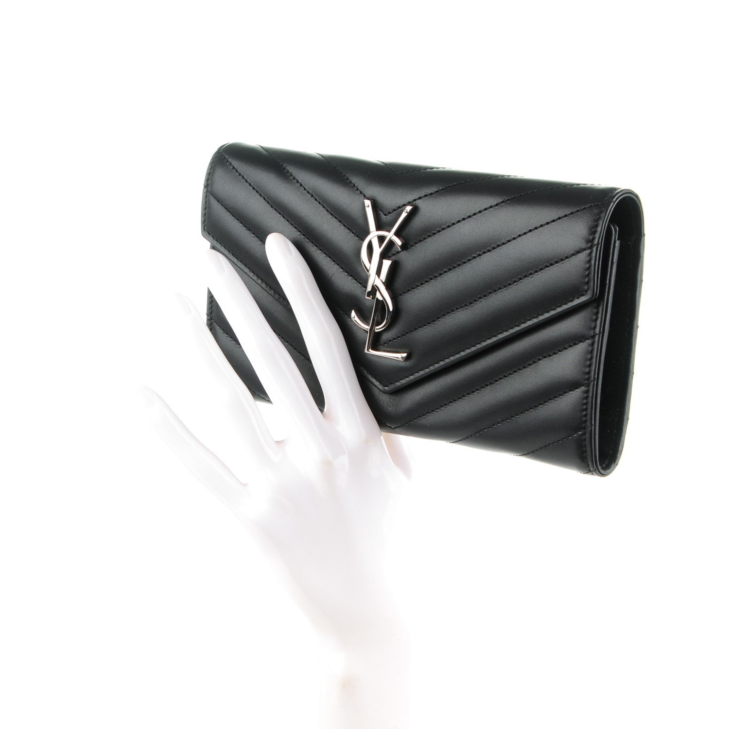 Saint Laurent Calfskin Matelasse Chevron Monogram Flap Wallet Black 2 of 8