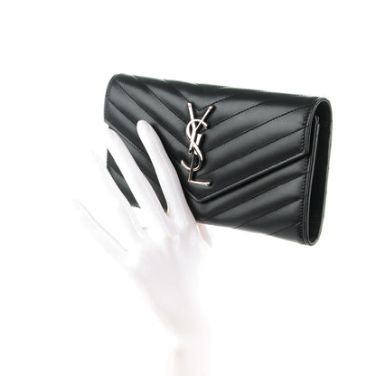 Saint Laurent Calfskin Matelasse Chevron Monogram Flap Wallet Black 2 of 8