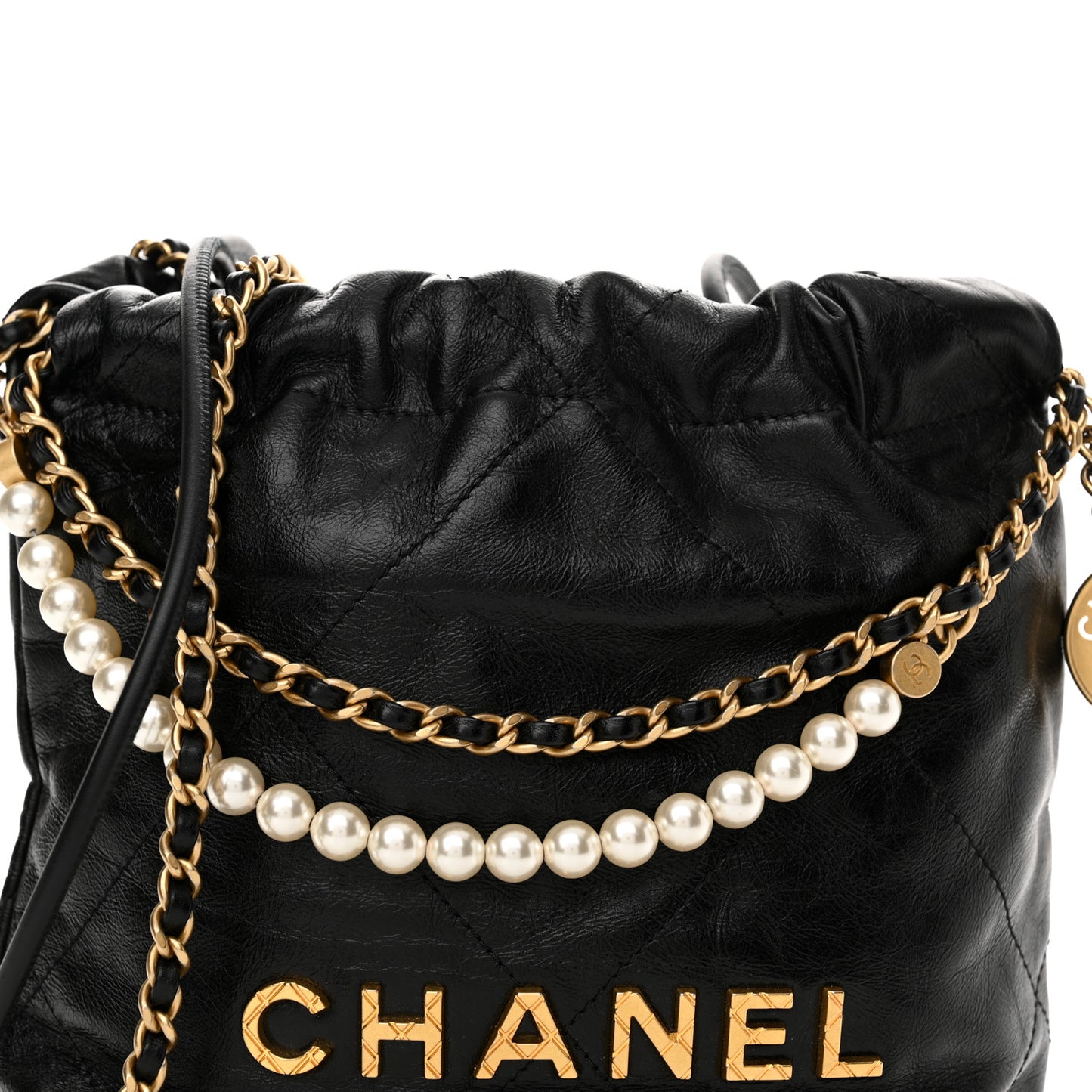 Shiny Crumpled Calfskin Quilted Pearl Mini Chanel 22 Black