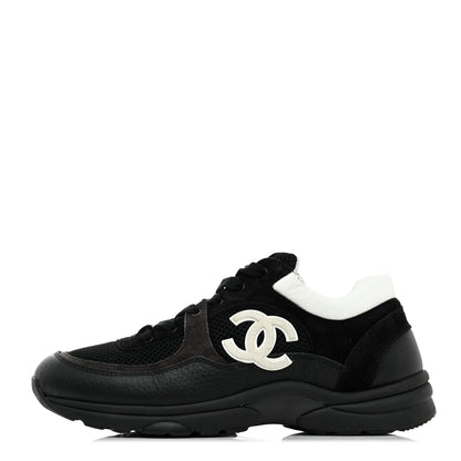 Chanel Mesh Suede Grained Calfskin Womens CC Sneakers 40 Black White 1 of 8