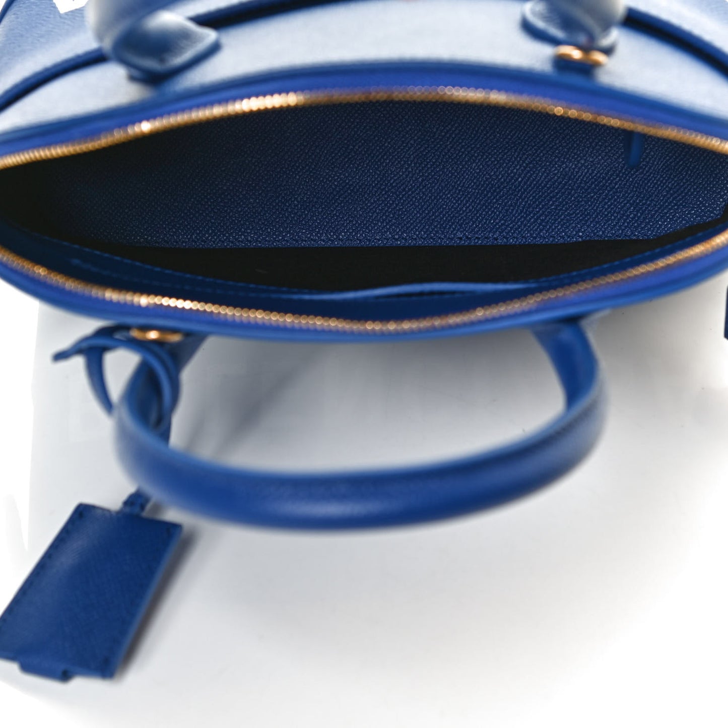 Signature Grained Calfskin Logo S Ville Top Handle Bag Bleu Roi White
