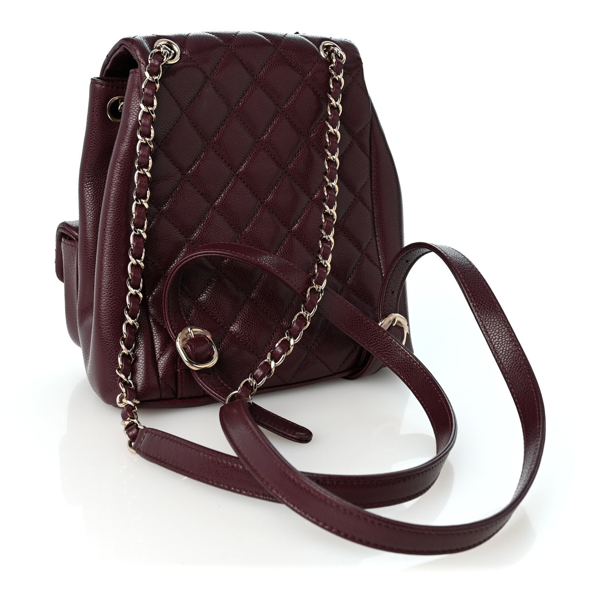 Shiny Caviar Quilted Medium Duma Pockets Drawstring Backpack Dark Burgundy