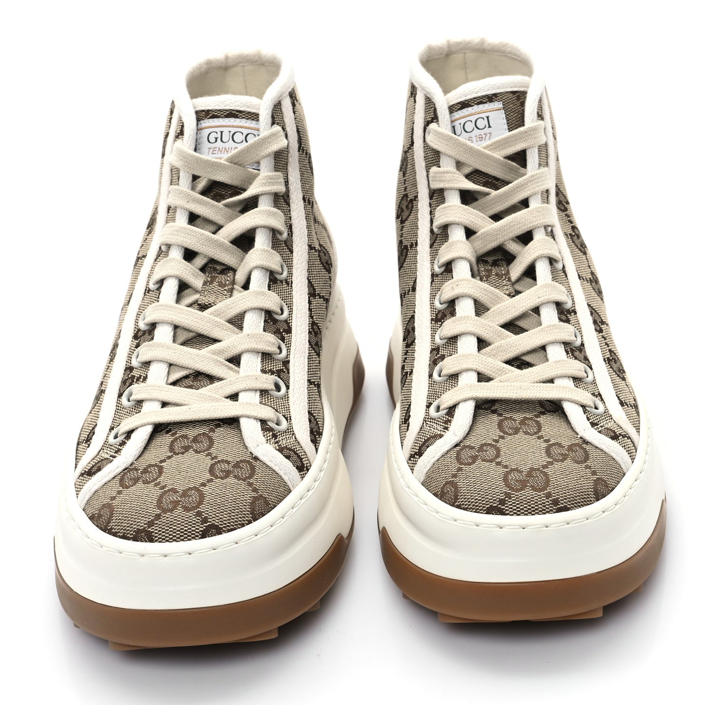 New Canvas GG Monogram Womens Tennis 1977 High Top 55mm Platform Sneakers 38.5 Beige Ebony Mystic White