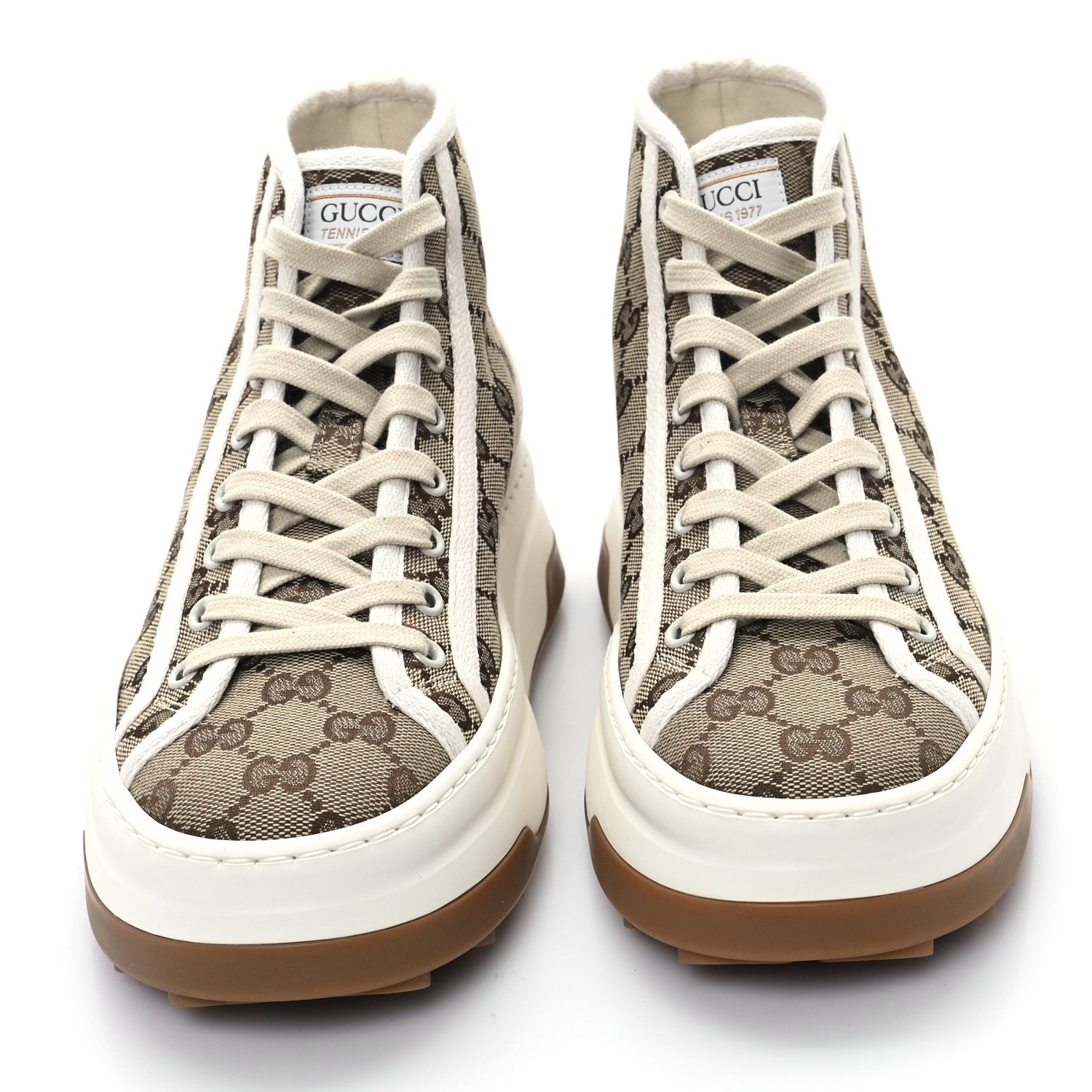 Gucci New Canvas GG Monogram Womens Tennis 1977 High Top 55mm Platform Sneakers 38.5 Beige Ebony Mystic White 3 of 9