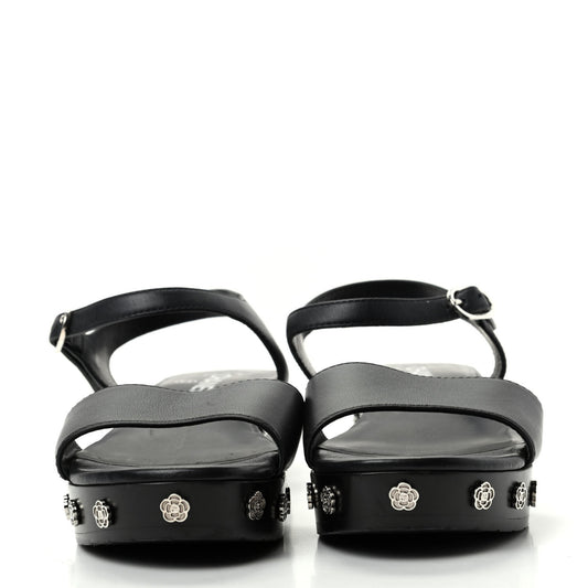 Calfskin Camellia Platform Sandals 39 Black