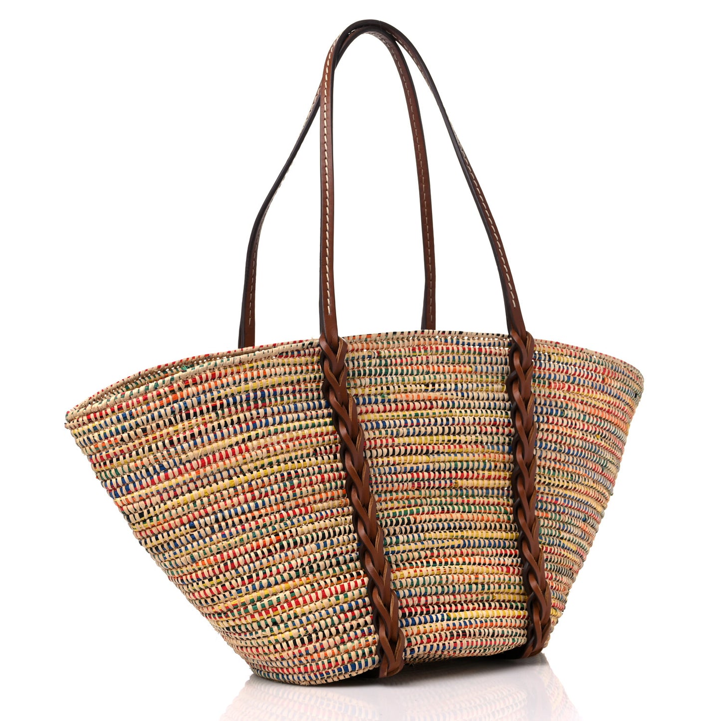 Paglia Vitello Woven Braided Basket Tote Multicolor Cognac