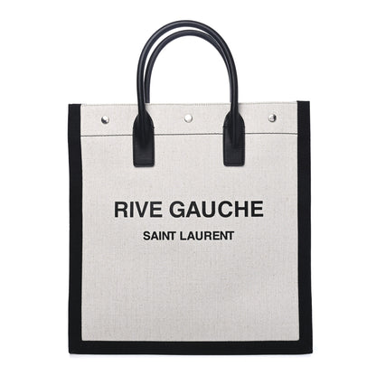 Saint Laurent Linen Calfskin Rive Gauche North South Tote White Black 2 of 4