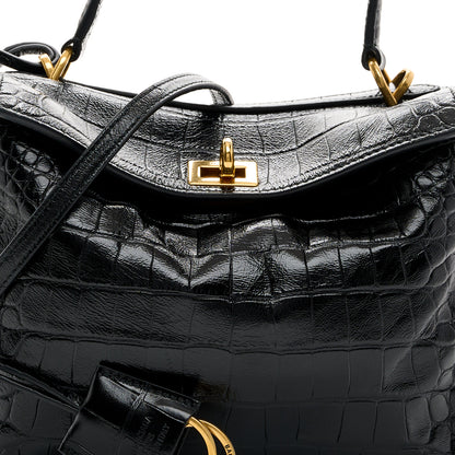 Balenciaga Shiny Calfskin Crocodile Embossed Mini Rodeo Top Handle Handbag Black 10 of 17