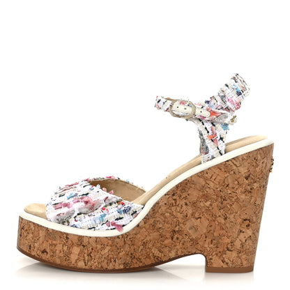 Chanel Tweed Cork CC Wedge Sandals 39 Ecru Pink Blue Green 1 of 7