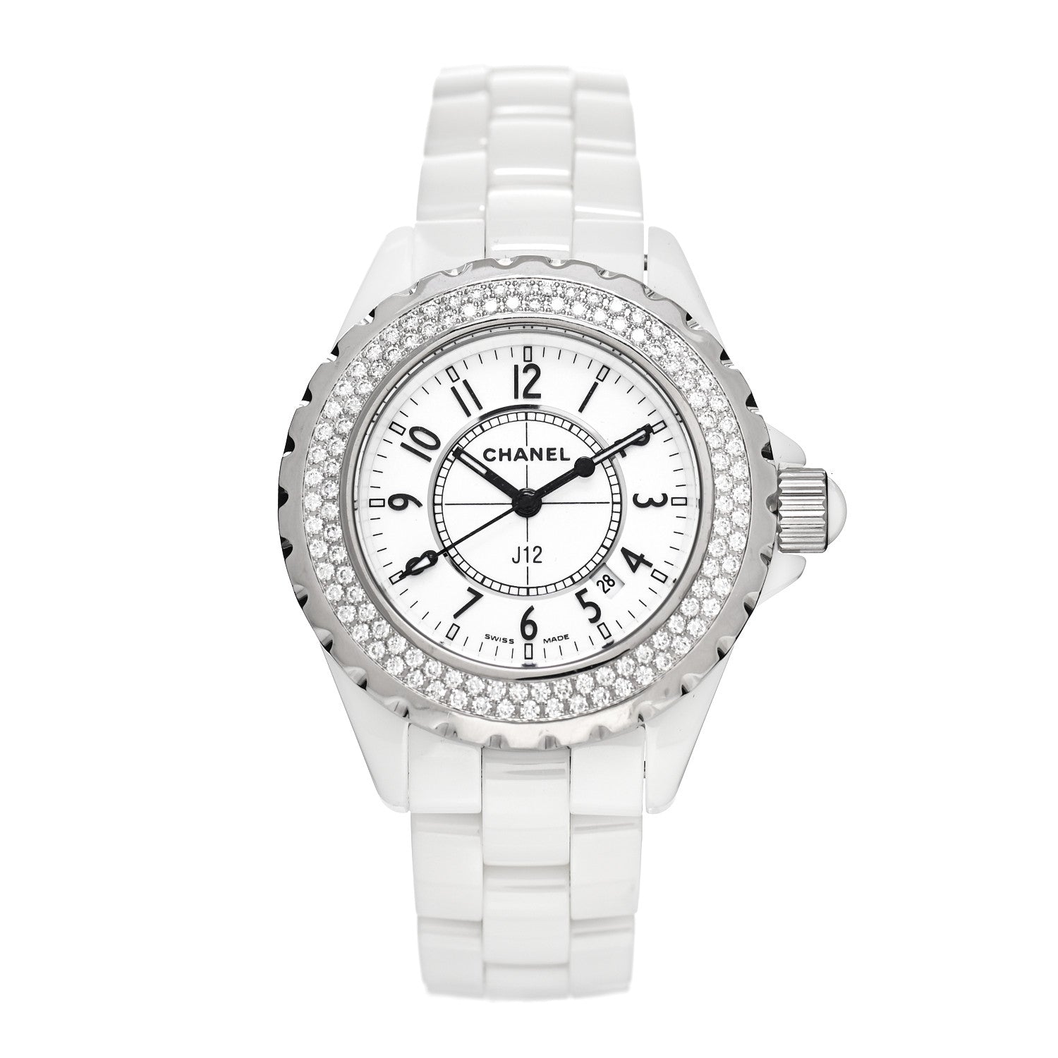 Chanel Stainless Steel Ceramic Diamond Pave Bezel 33mm J12 Quartz Watch White 1 of 5