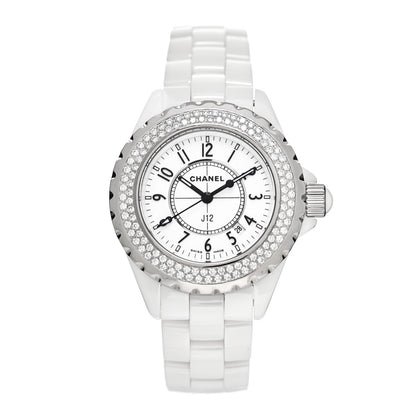 Chanel Stainless Steel Ceramic Diamond Pave Bezel 33mm J12 Quartz Watch White 1 of 5
