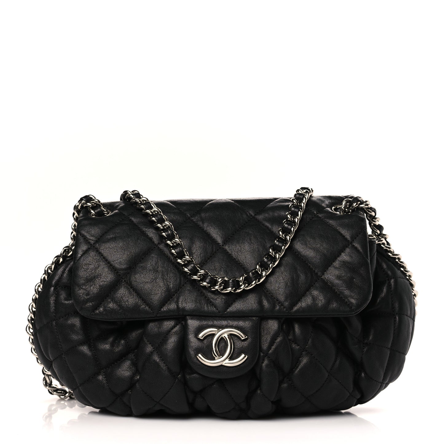 Washed Lambskin Quilted Chain Around Flap Black