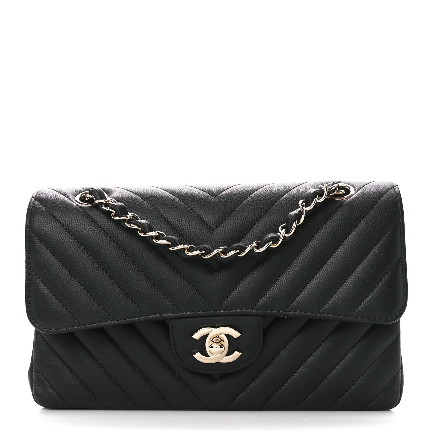 Caviar Chevron Quilted Small Double Flap Black