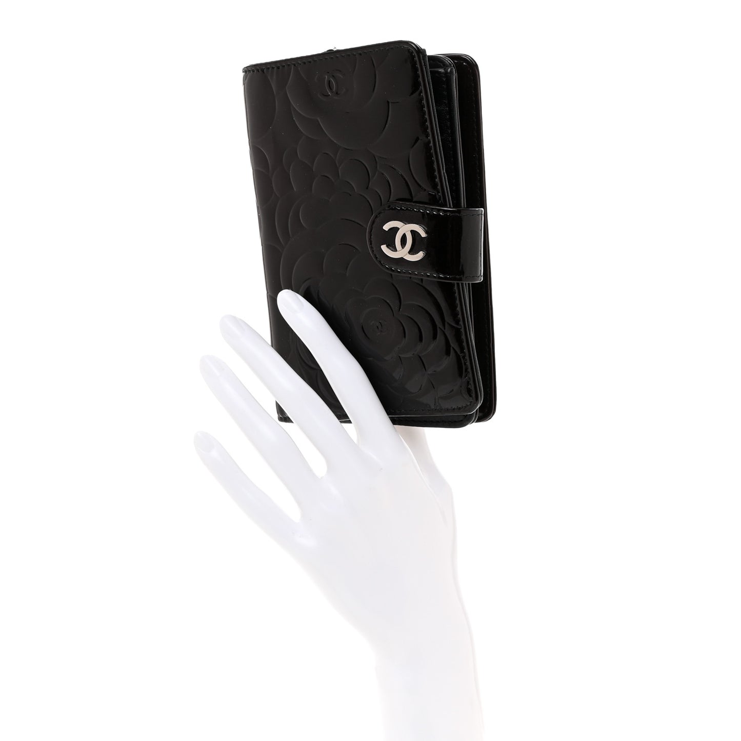 Patent Camellia Embossed Zipped Pocket Wallet Black