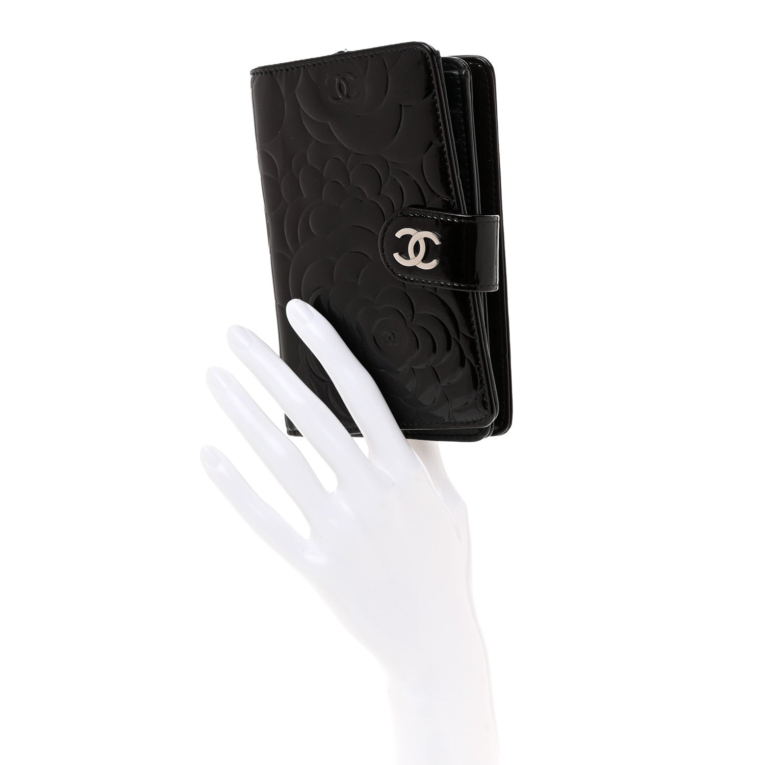 Chanel Patent Camellia Embossed Zipped Pocket Wallet Black 2 of 9