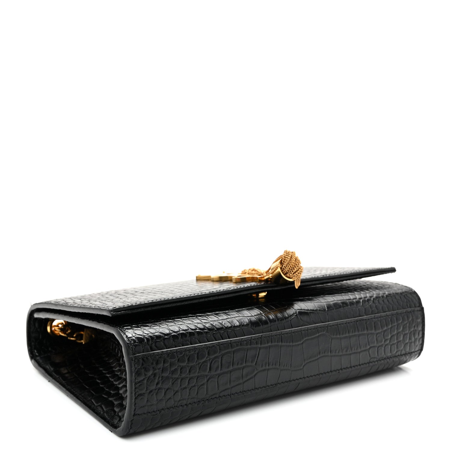 Saint Laurent Calfskin Crocodile Embossed Medium Classic Monogram Kate Tassel Satchel Black Black 4 of 9