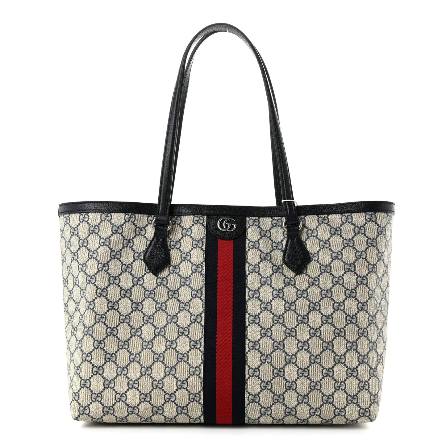 GG Supreme Monogram Textured Calfskin Web Medium Ophidia Shopping Tote Beige Blue