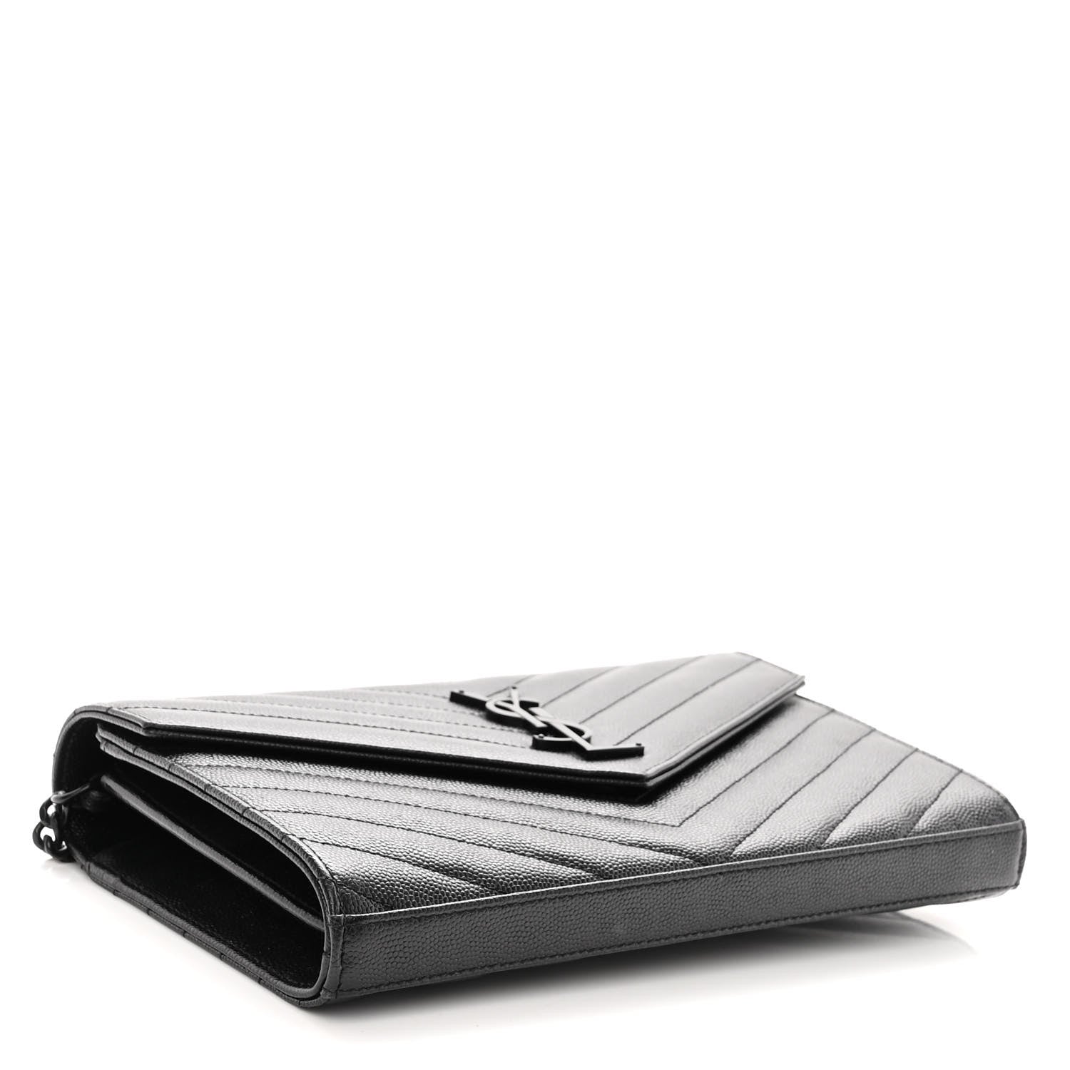 Saint Laurent Grain De Poudre Matelasse Chevron Monogram Monochrome Envelope Chain Wallet Black 4 of 11