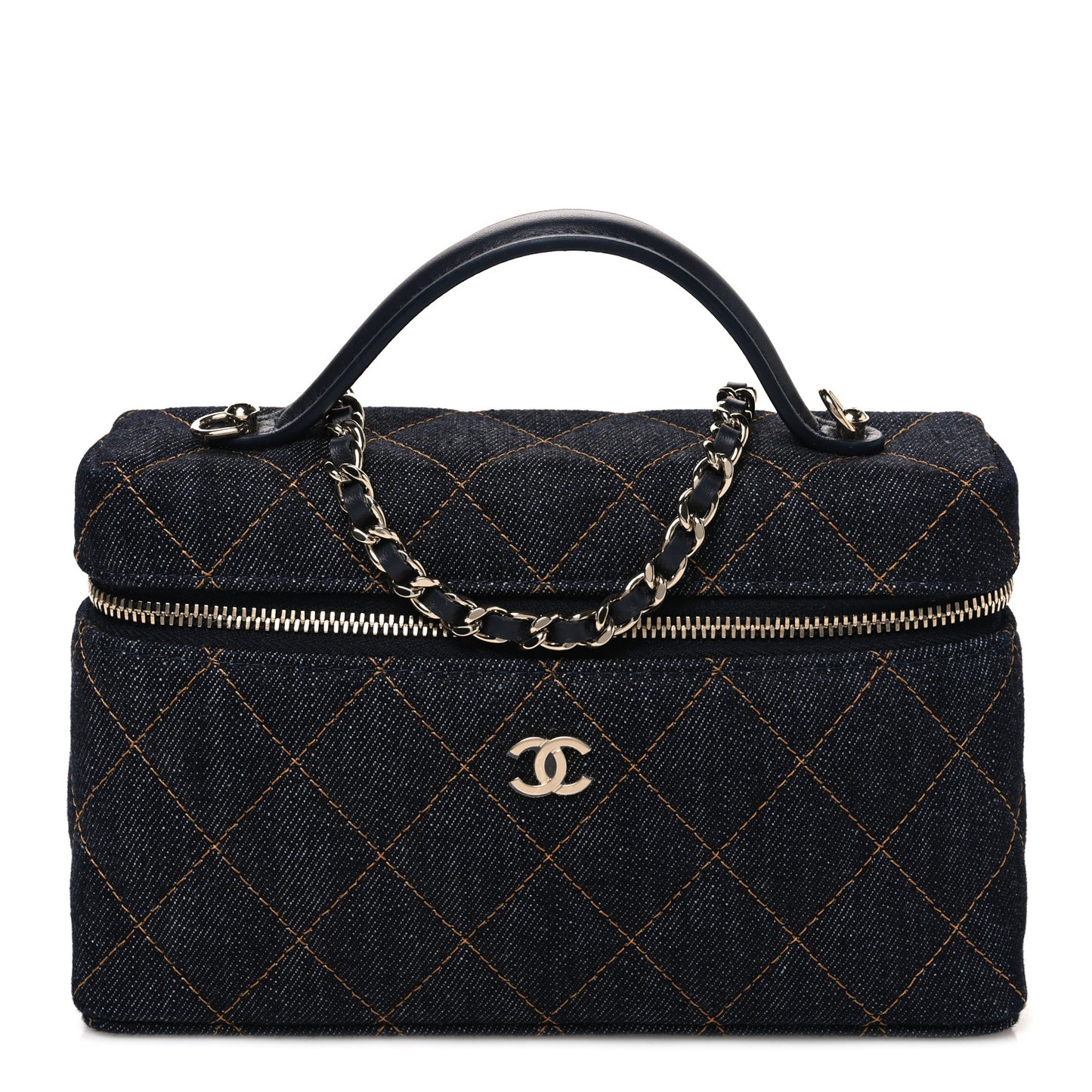 Denim Quilted Top Handle Slim Vanity Case With Chain Dark Blue Orange