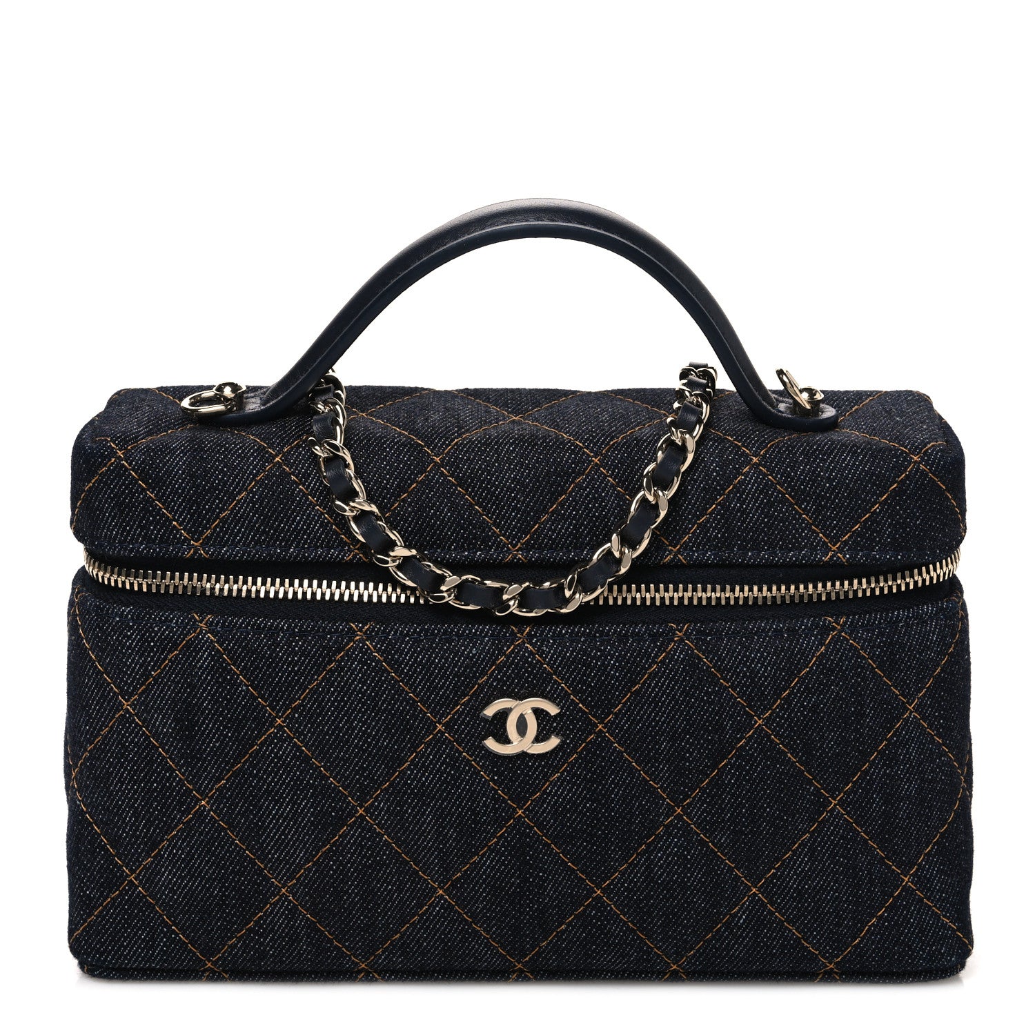 Chanel Denim Quilted Top Handle Slim Vanity Case With Chain Dark Blue Orange 1 of 10