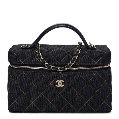 Chanel Denim Quilted Top Handle Slim Vanity Case With Chain Dark Blue Orange 1 of 10