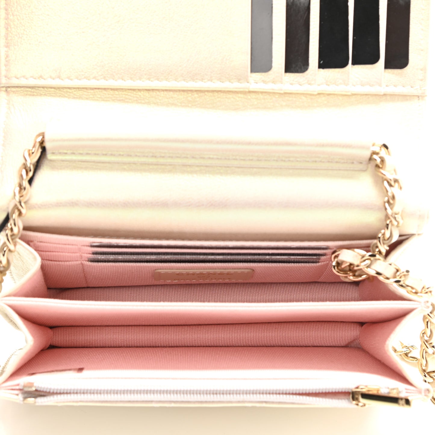 Iridescent Lambskin Quilted Mini Wallet On Chain WOC Ivory