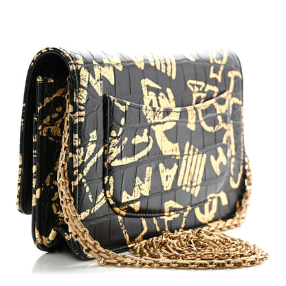 Chanel Calfskin Crocodile Embossed Graffiti 2.55 Cocodile Reissue Wallet On Chain WOC Black Gold 5 of 31