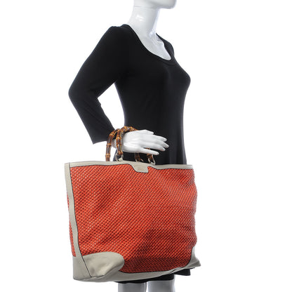 Gucci Straw Calfskin Bamboo Shopper Tote Orange 2 of 11