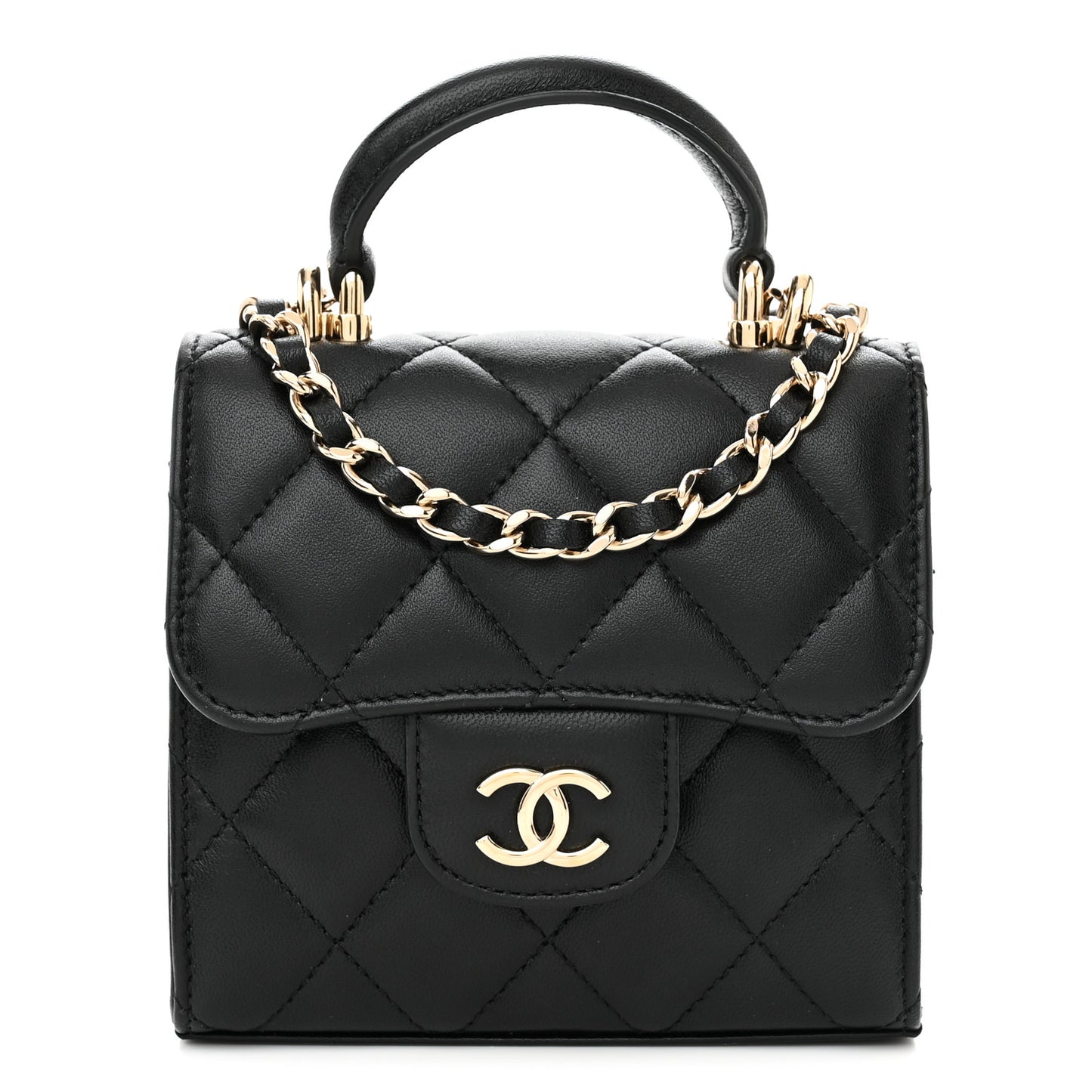 Lambskin Quilted Top Handle Flap Clutch With Chain Black