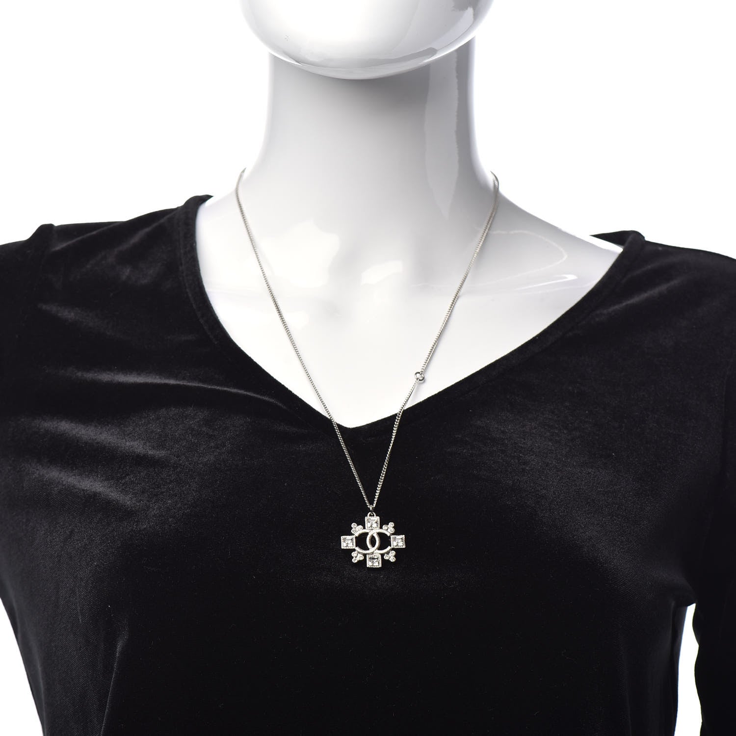 Chanel Baguette Crystal CC Pendant Necklace Silver 2 of 6