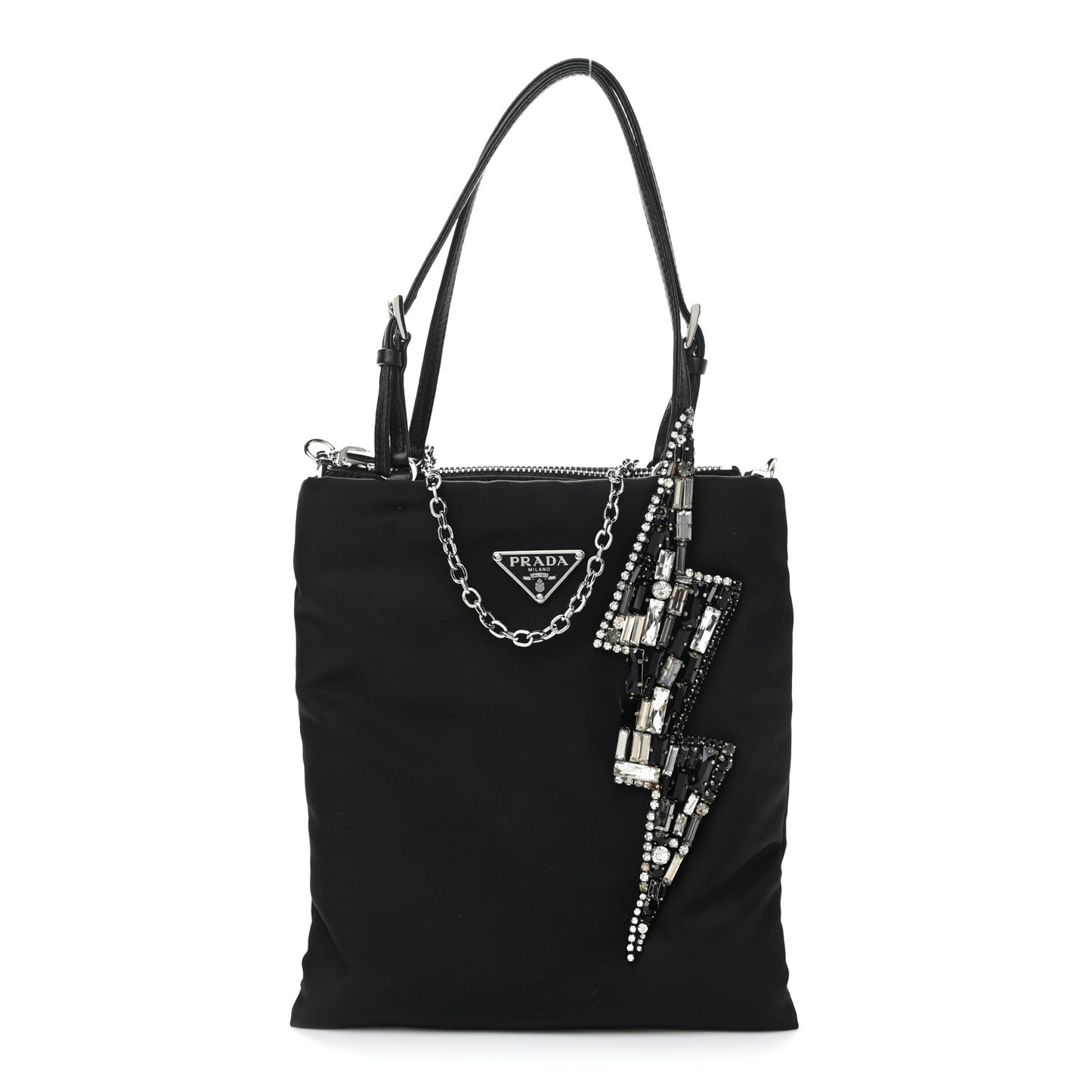 Tessuto Nylon Crystal Metal Triangle Logo Lightning Chain Shopping Tote Black