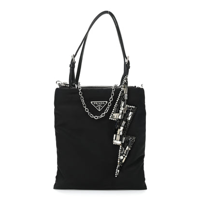 Prada Tessuto Nylon Crystal Metal Triangle Logo Lightning Chain Shopping Tote Black 2 of 12