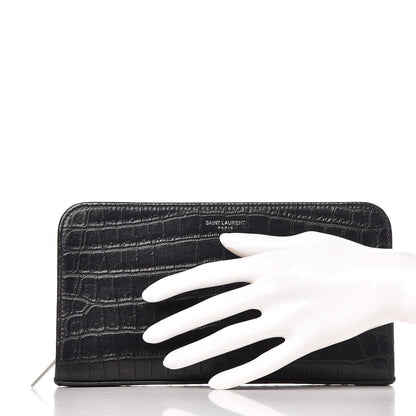 Saint Laurent Calfskin Crocodile Embossed Mens Zip Around Continental Wallet Black 2 of 13