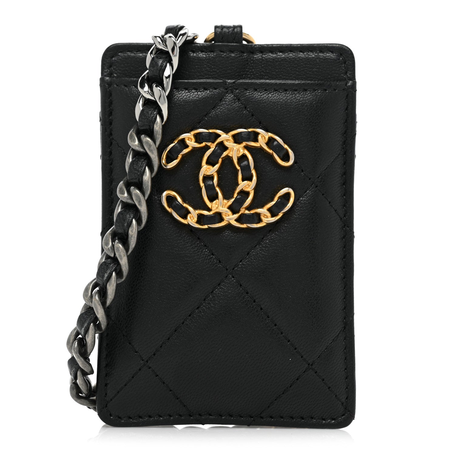 Chanel Goatskin Quilted Chanel 19 Card Holder On Chain Black 1 of 10