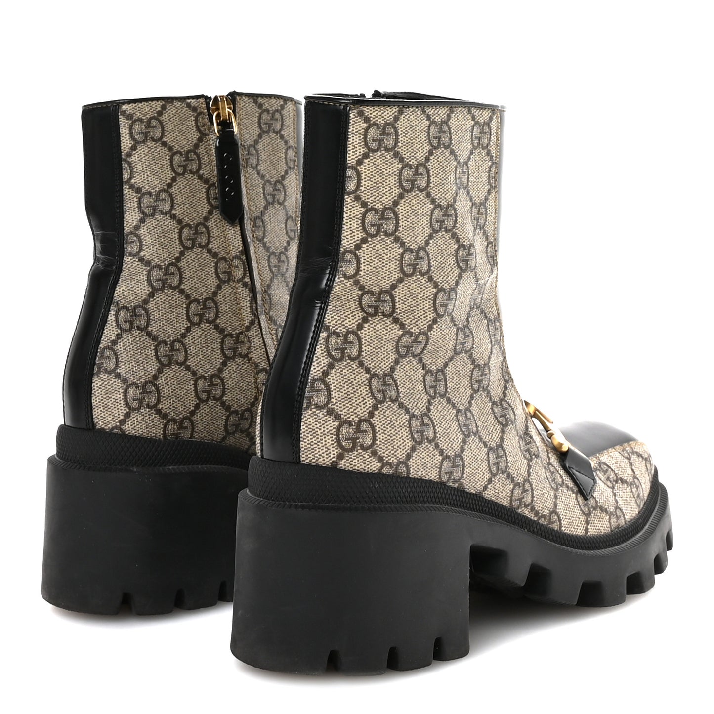 GG Supreme Monogram Magnum Calfskin Interlocking G Womens Lug Sole Ankle Boots 37 Beige Ebony Black