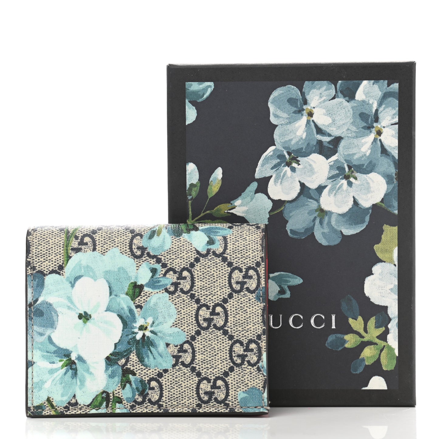 GG Supreme Monogram Blooms Card Case Beige Blue Navy Hibiscus Red