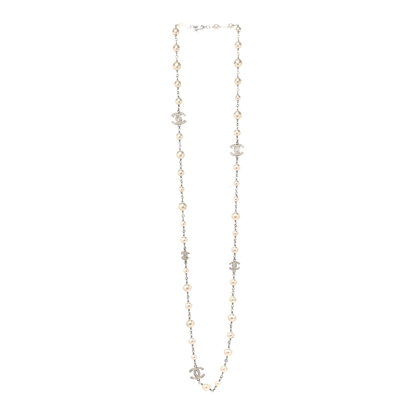 Graduated Pearl Crystal CC Long Necklace Silver
