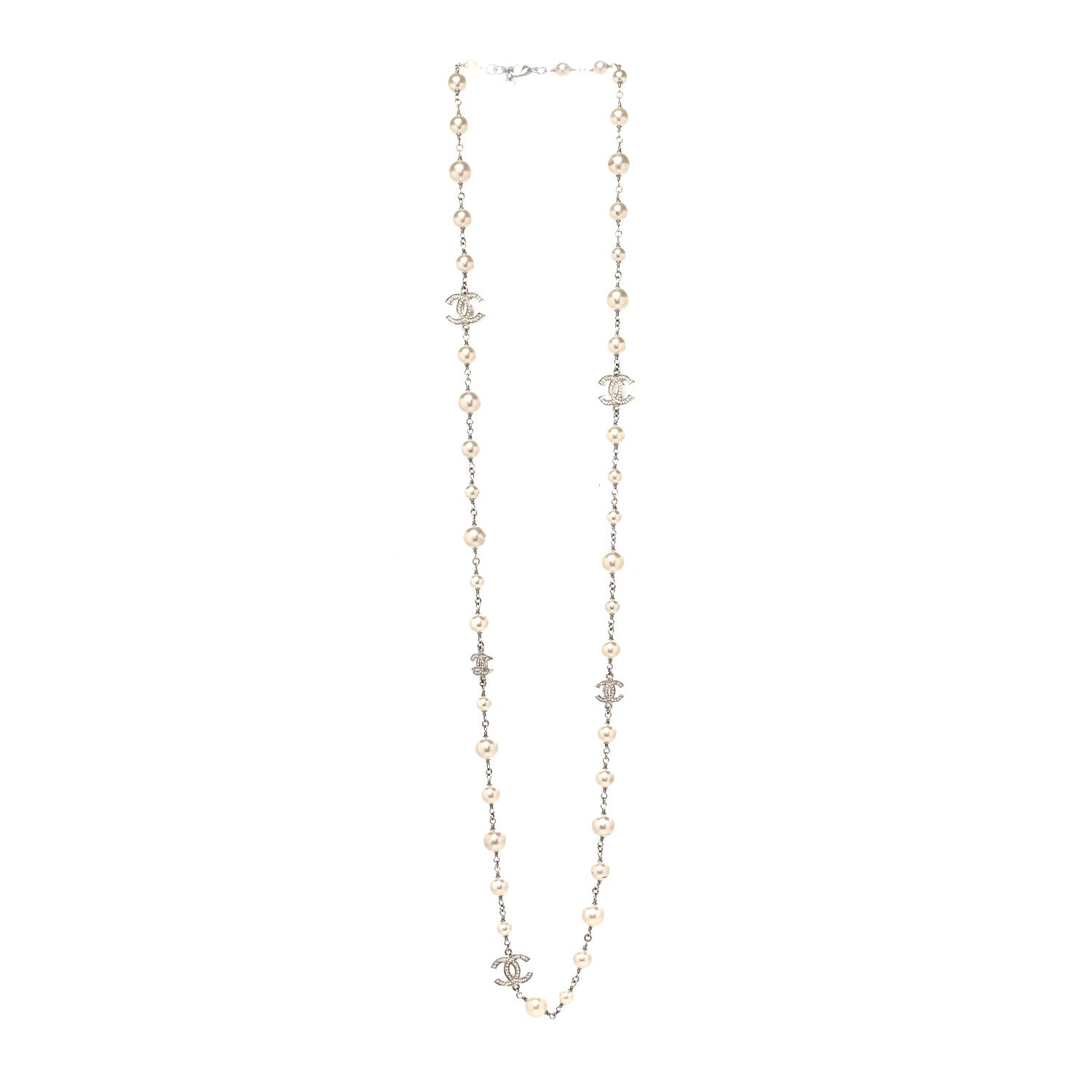 Chanel Graduated Pearl Crystal CC Long Necklace Silver 3 of 5