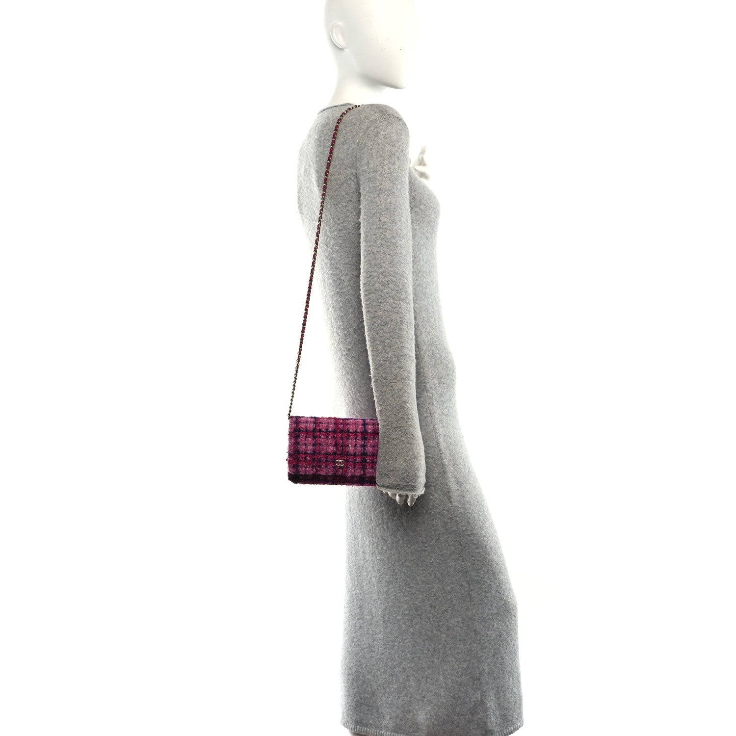 Chanel Tweed Quilted Wallet On Chain WOC Fuchsia Purple 2 of 11