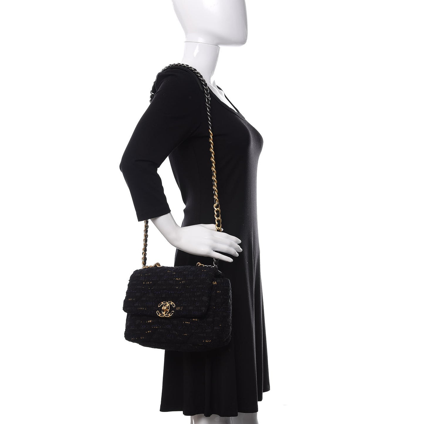 Tweed Quilted Medium 19 Flap Black Navy Gold