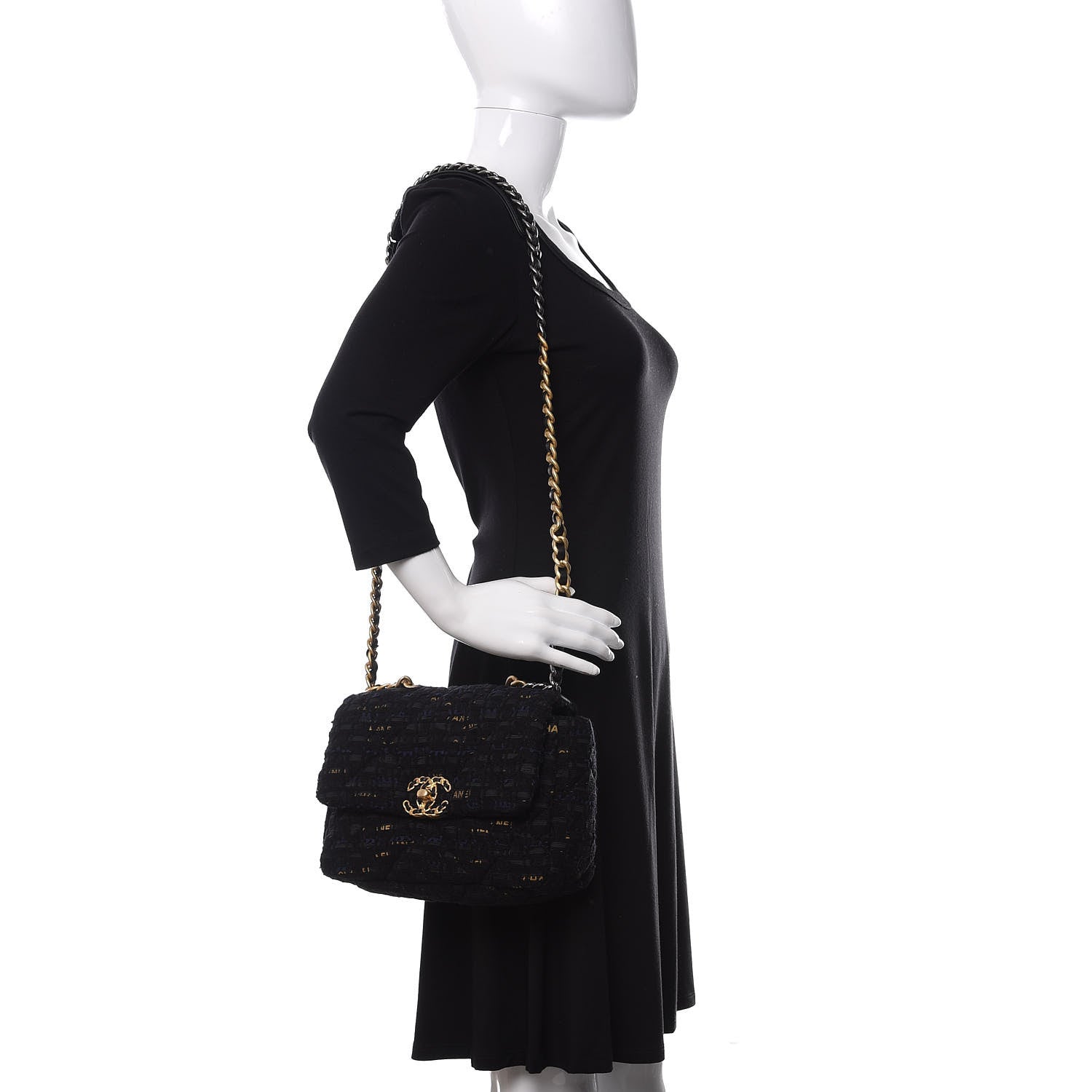 Chanel Tweed Quilted Medium 19 Flap Black Navy Gold 2 of 11