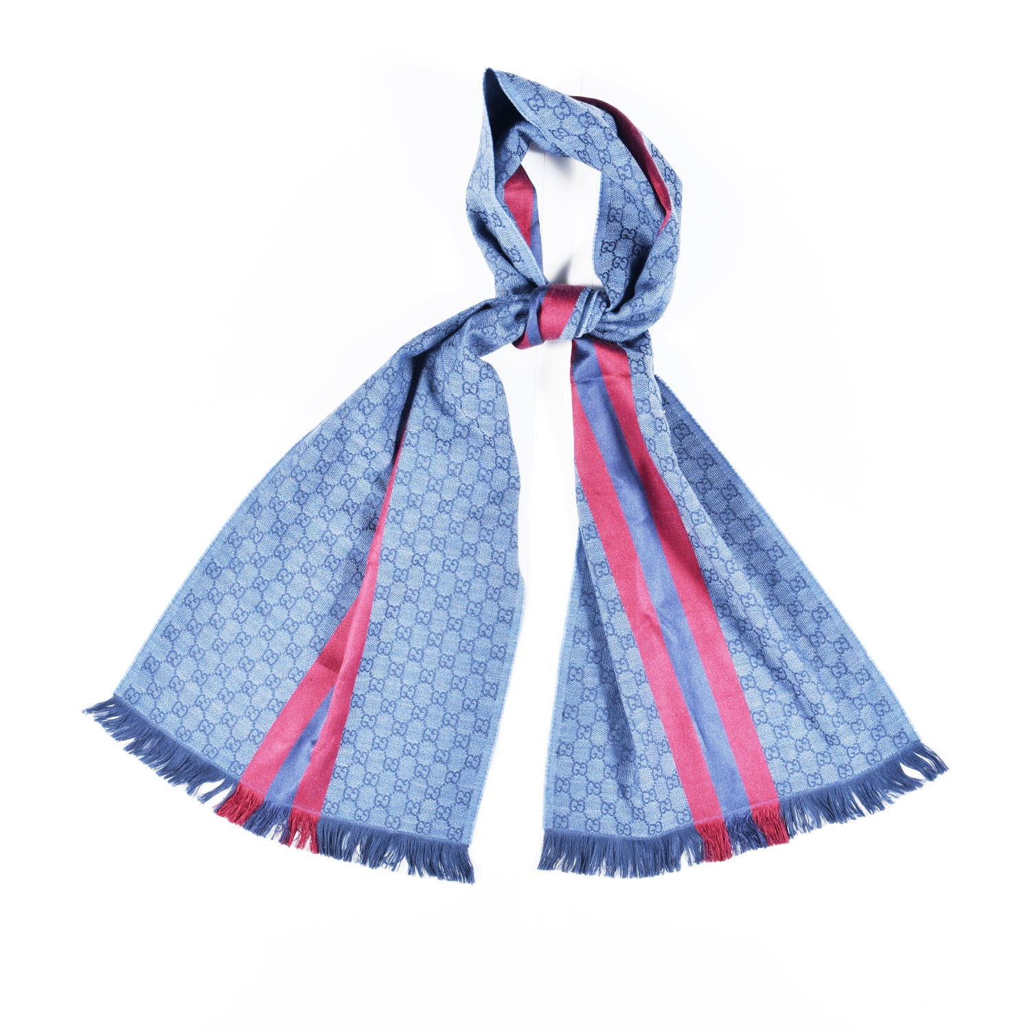 Gucci Wool Silk GG Monogram Web Verbier Fringe Scarf Sapphire Bordeaux 1 of 3