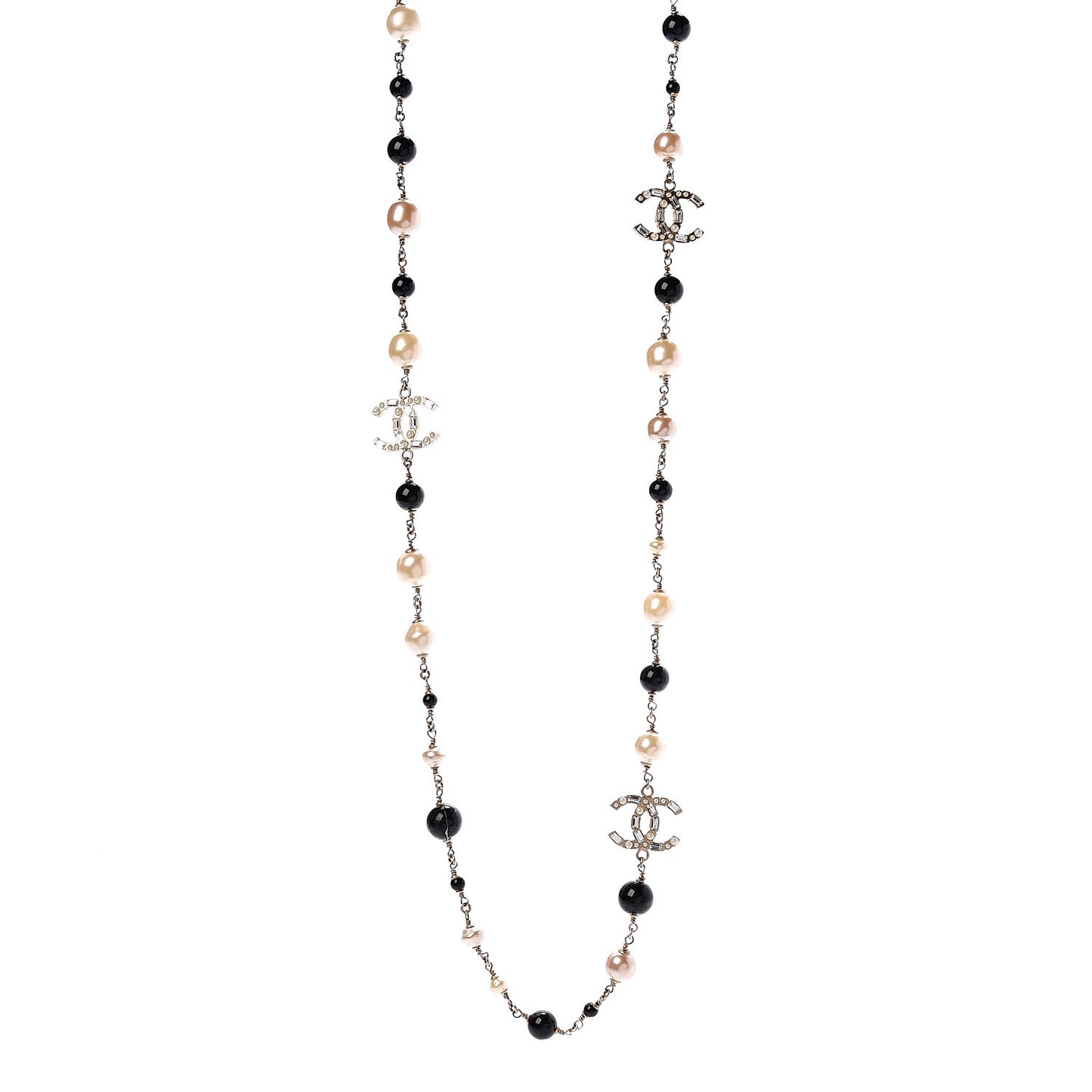 Pearl Crystal Bead CC Long Necklace Gold Black White
