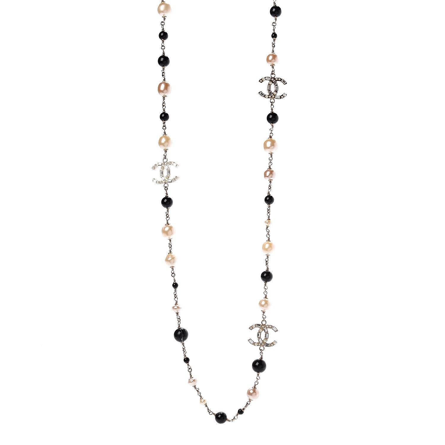 Chanel Pearl Crystal Bead CC Long Necklace Gold Black White 1 of 5