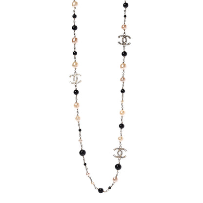 Chanel Pearl Crystal Bead CC Long Necklace Gold Black White 1 of 5