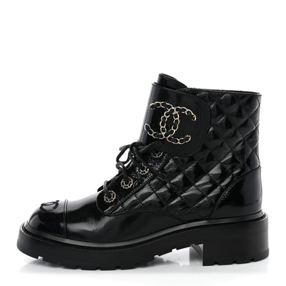 Chanel Shiny Goatskin Calfskin Quilted Lace Up Combat Boots 38 Black 1 of 11