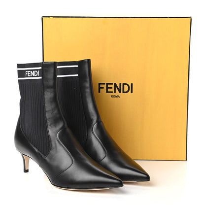 Fendi Vitellino Stretch Fabric Logo Rockoko Low Heel Sock Boots 37.5 Black White 8 of 9