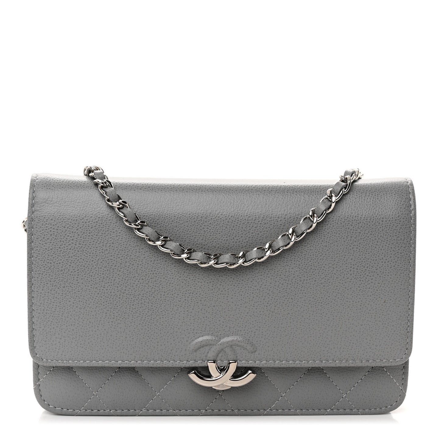 Grained Calfskin Quilted CC Box Wallet On Chain WOC Grey