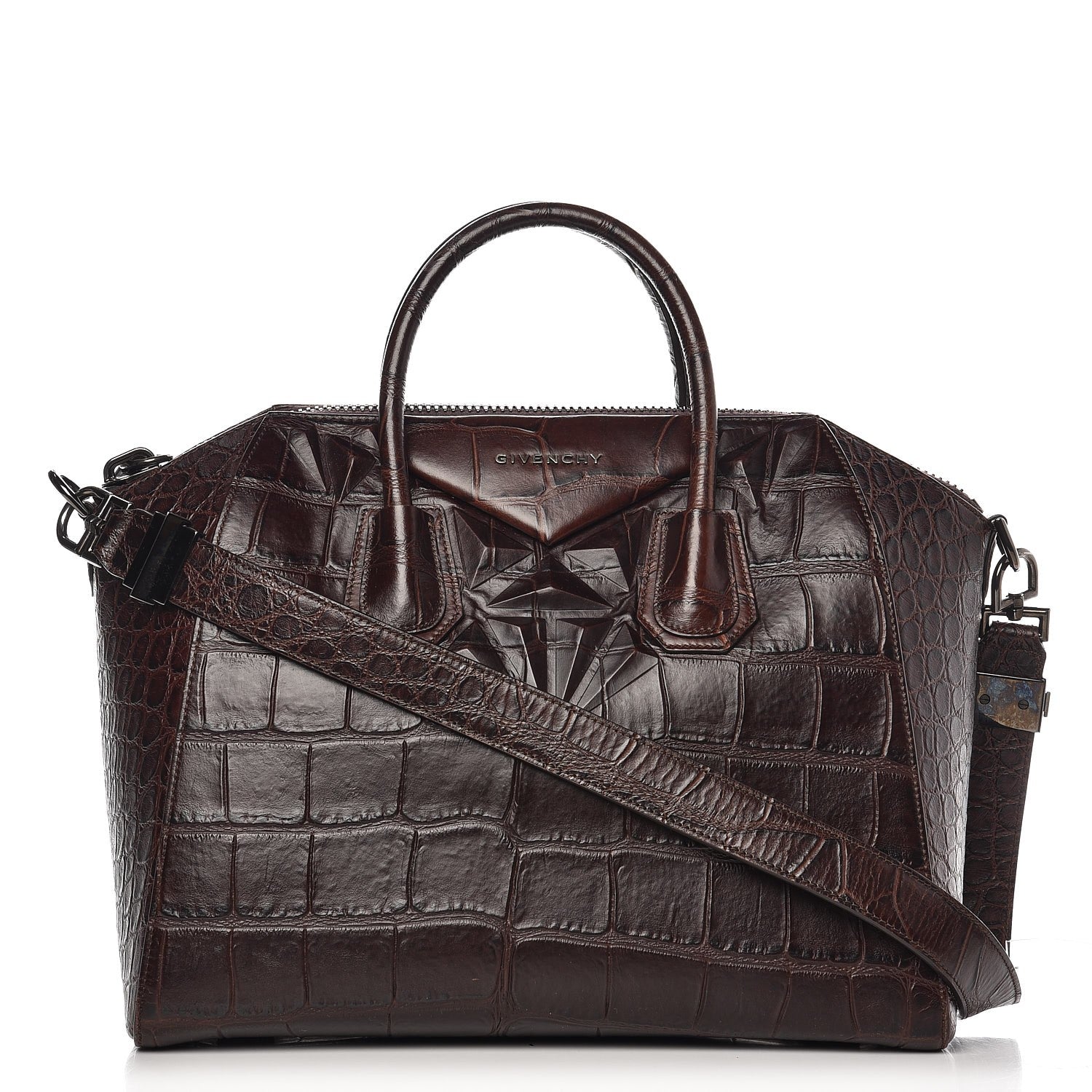 Givenchy Calfskin Crocodile Embossed 3D Stud Medium Antigona Brown 1 of 8